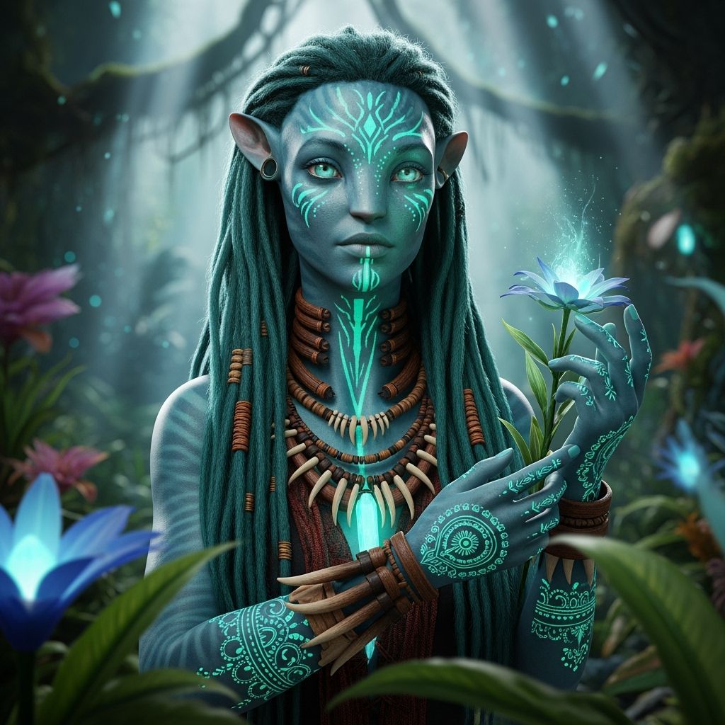 Teal Alien Woman in Bioluminescent Jungle