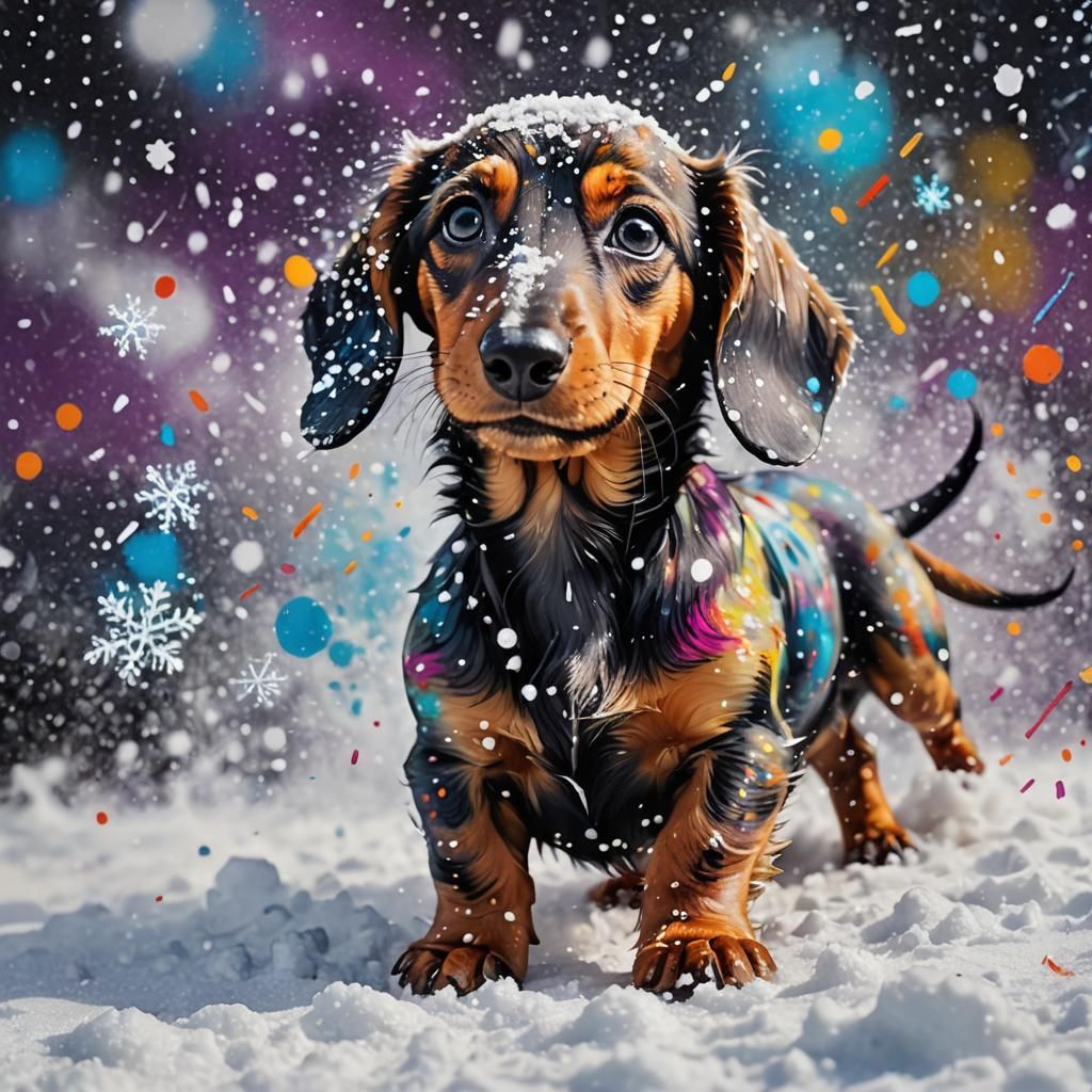 Dachshund Puppy Plays in Snow: Vibrant Street Art