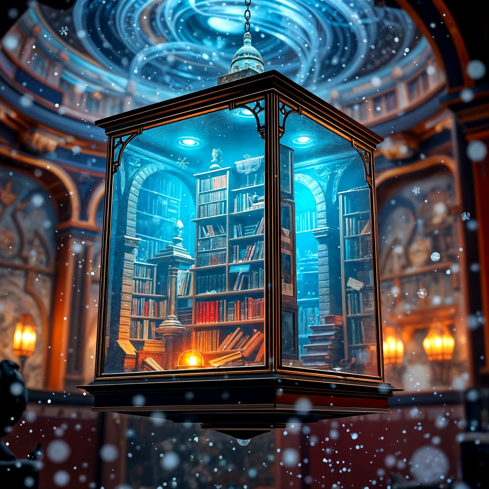 Surreal Glass Library Enveloped by Snowy Whirlwind