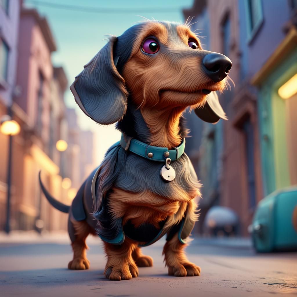 Homeless Dachshund in Pixar Style 3D Rendering