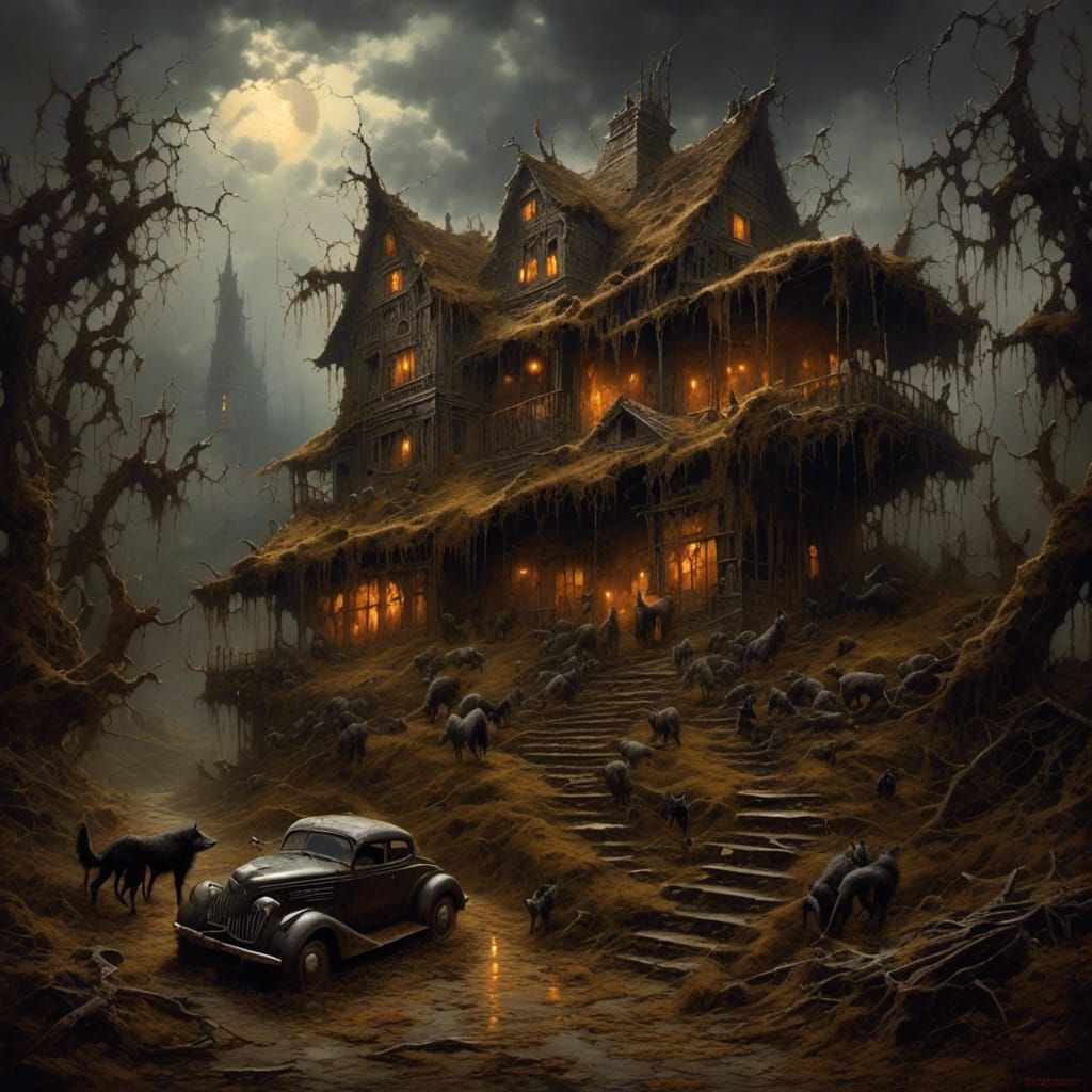 Sinister Coyote Gazing Through Window, Gothic Art