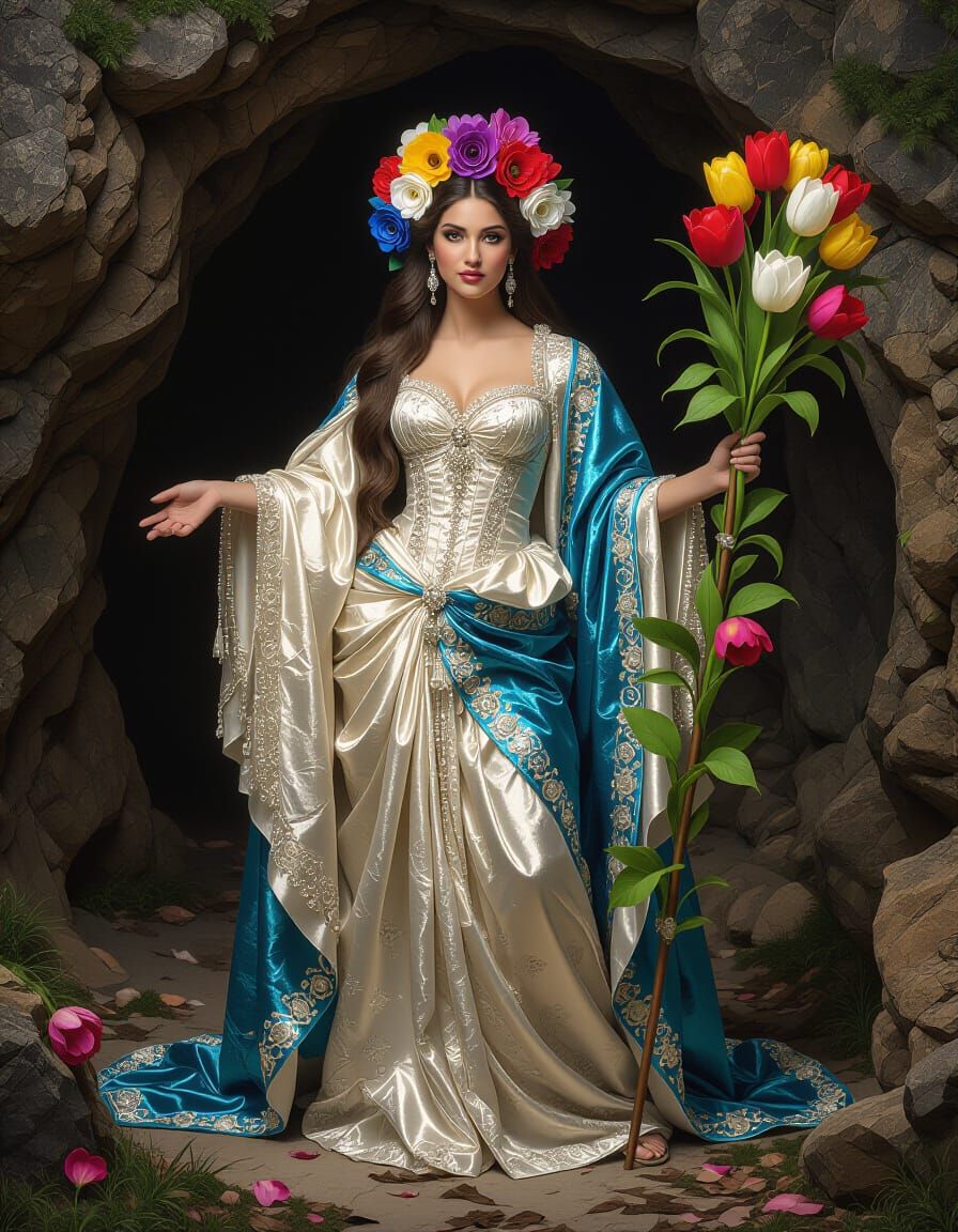 Goddess Flora in Extravagant Costume, Hyperrealistic Art