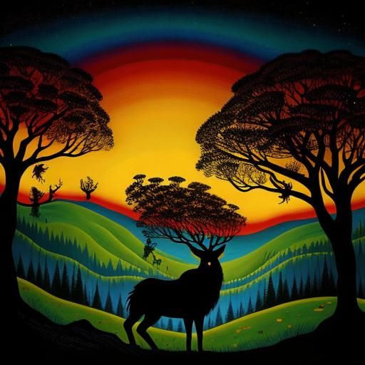 Surreal Silhouette Animals in Dream Landscape