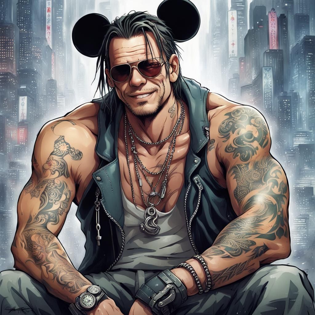 Cyberpunk Young Man with Tattoos and Jewelry