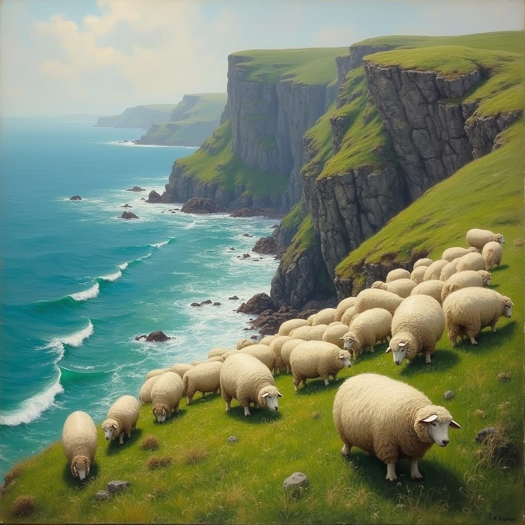 Sheep Grazing on Emerald Green Cliffs in Impressionist Style