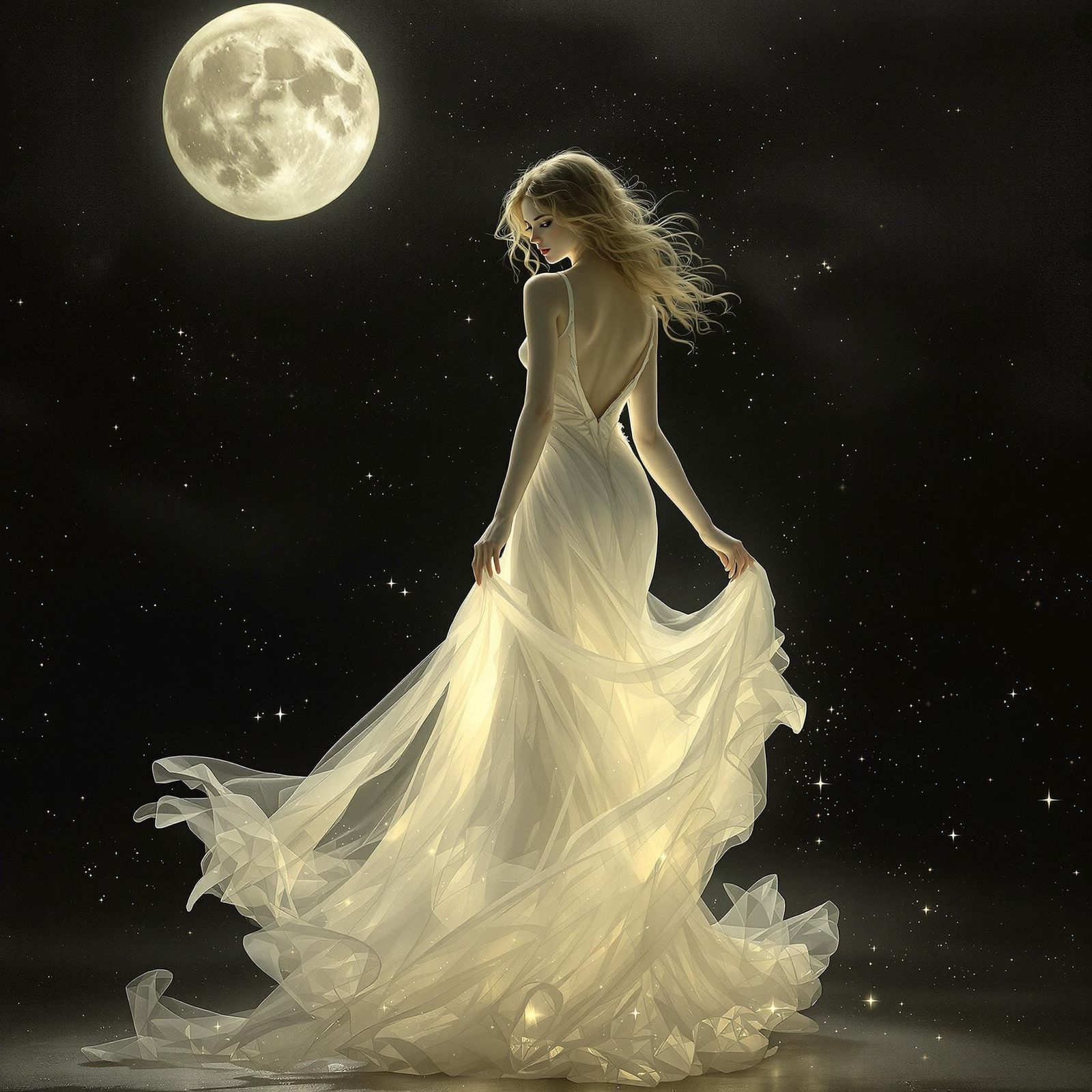 Ethereal Woman in Moonlight, Art Nouveau Style