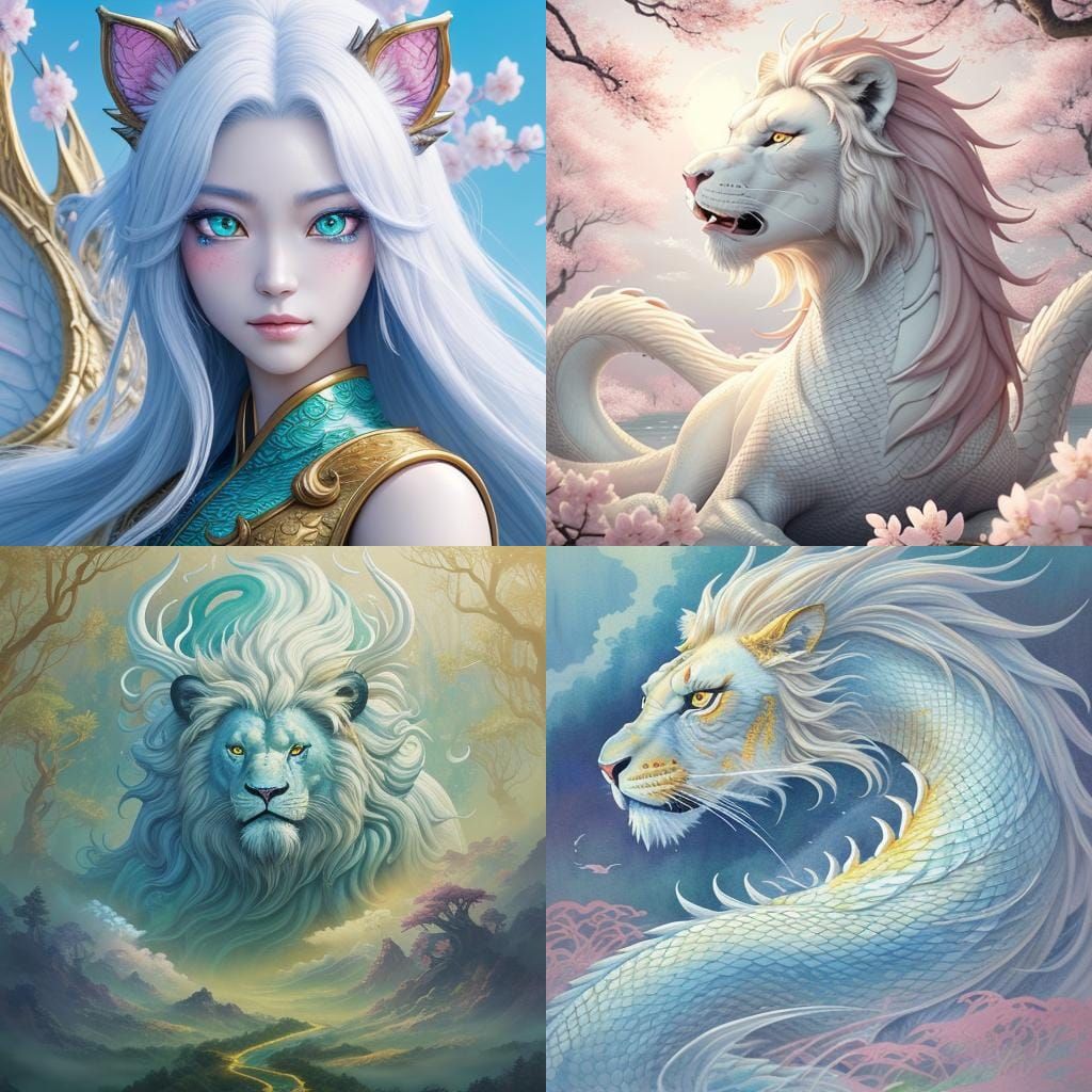 White Japanese Dragon with Lion Girl Head