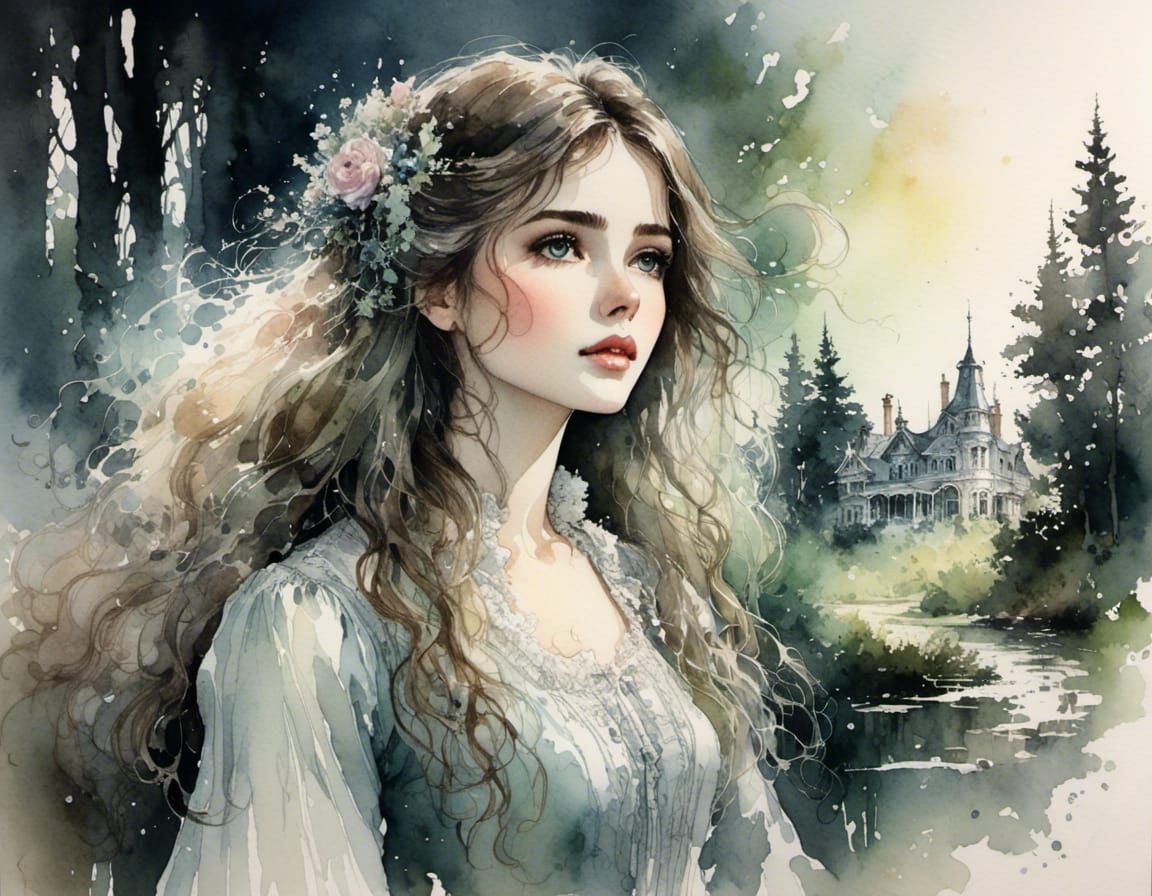 Elegant Victorian Woman in Bioluminescent Forest Watercolor