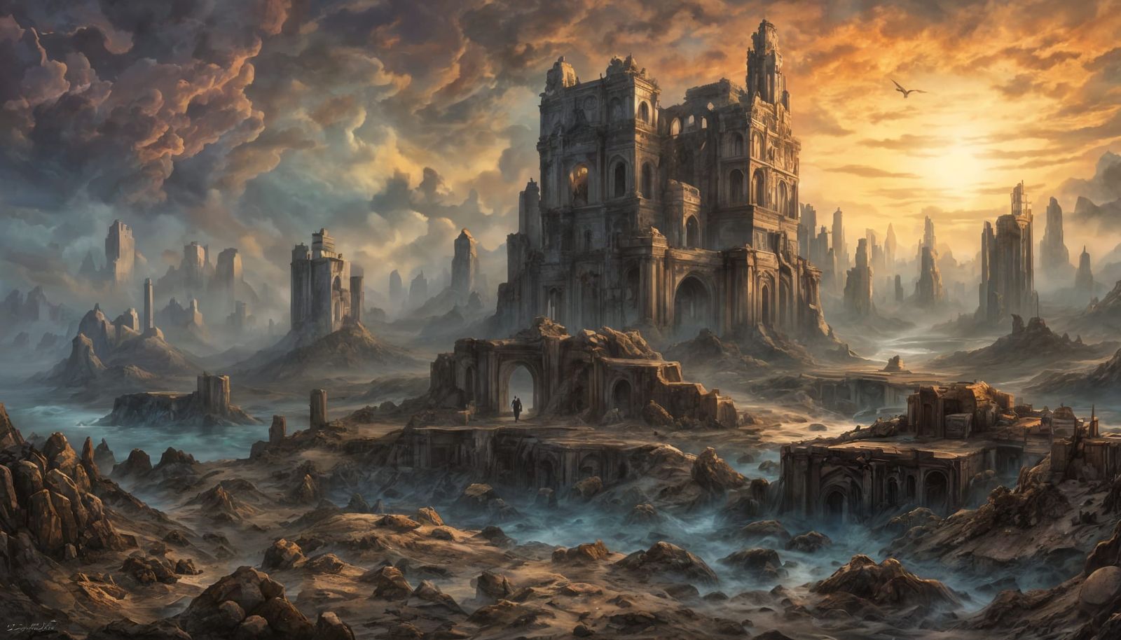 Bioluminescent Flower Blooms in Ruined City, Cosmic Petals