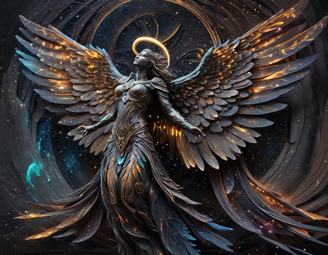 Cosmic Angel with Wooden Wings: Dramatic Oil Painting