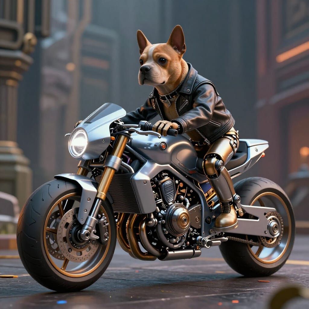 Mechanical Dog Rides Futuristic Motorbike in Sci-Fi Style