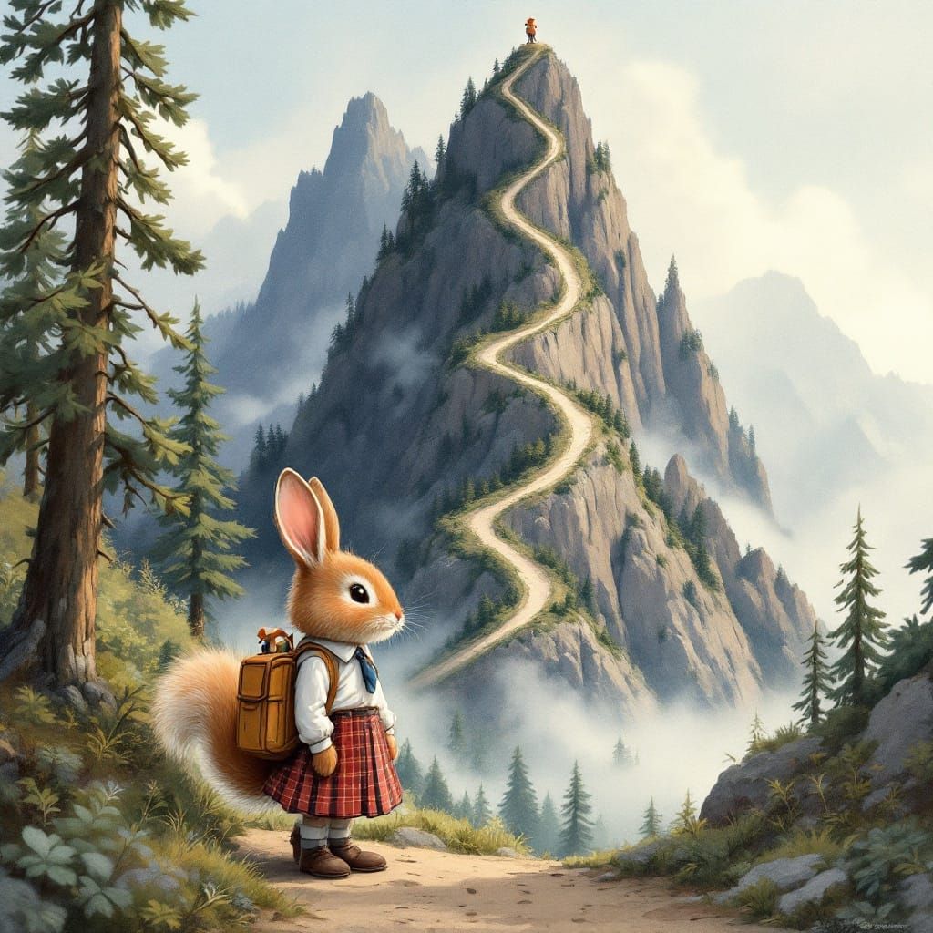 Little Rabbit and Squirrel Stand Before Whimsical Mountain
