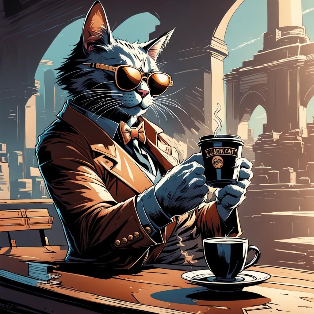 Cool Cat Sipping Coffee: Comic Book Style