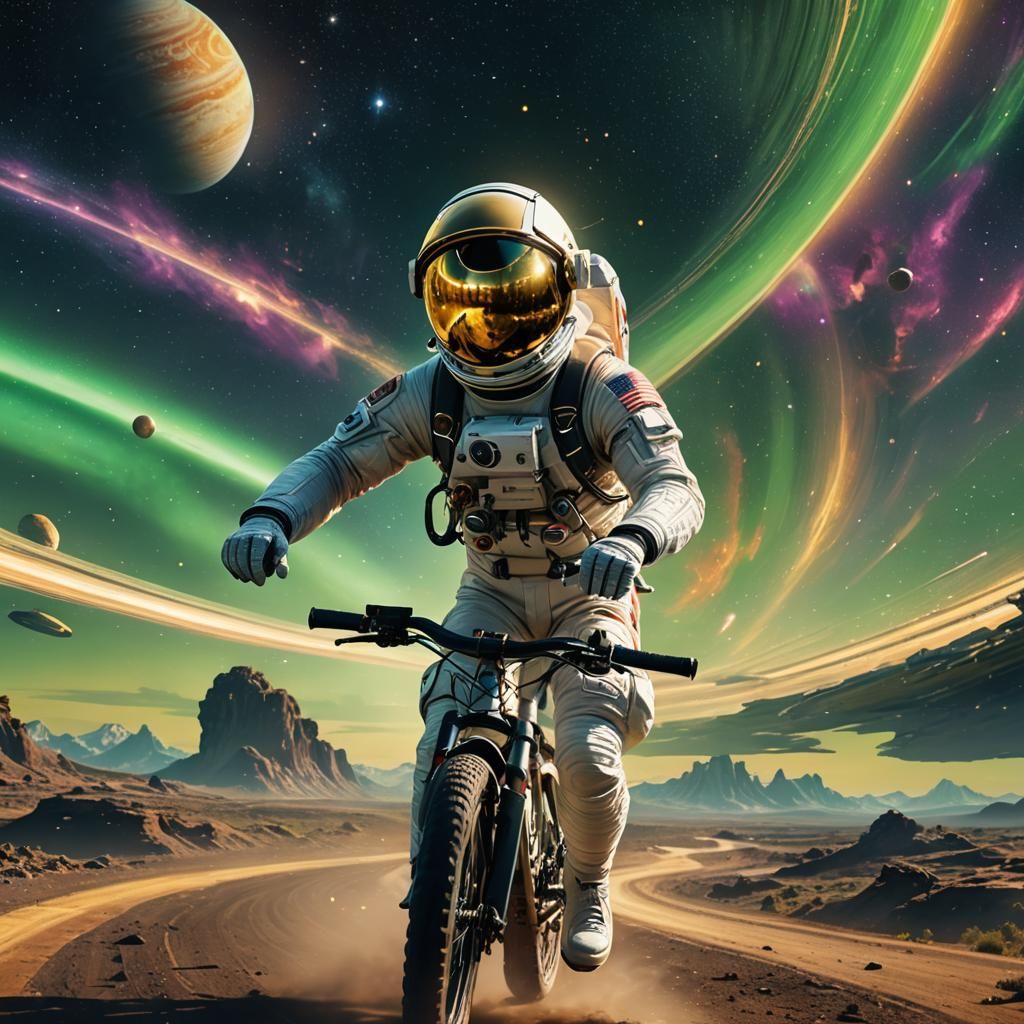 Astronaut Cycling Saturn Rings in Hyperrealistic Style
