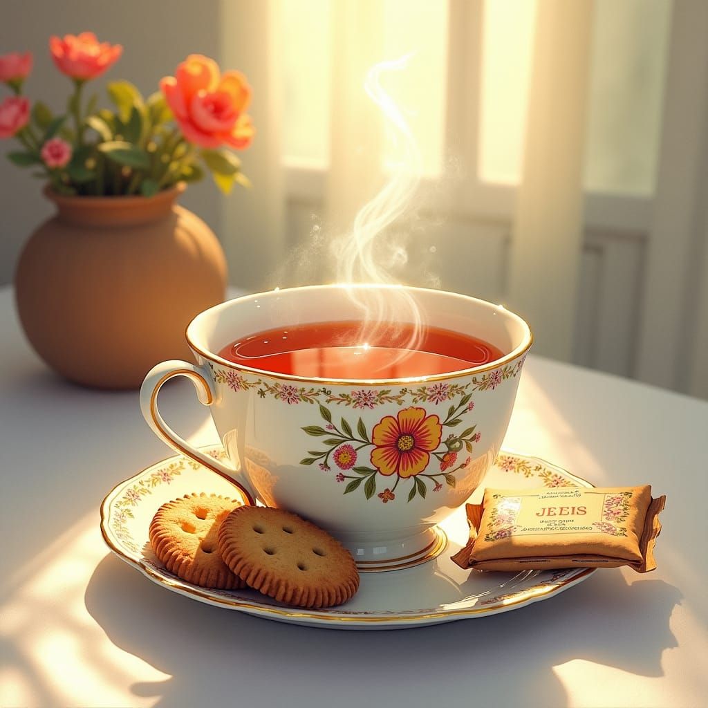 Porcelain Tea Cup and Biscuits in Illustrative Style