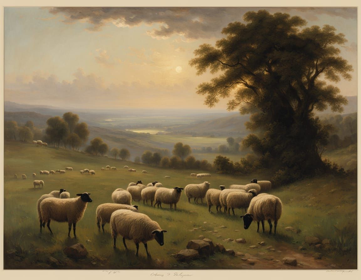 Shepherd and Flock in Meadow, Pictorial Style