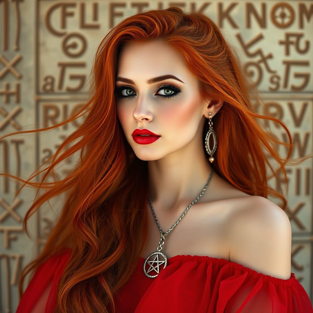 Sensual Goddess in Red Ritual Attire with Runes