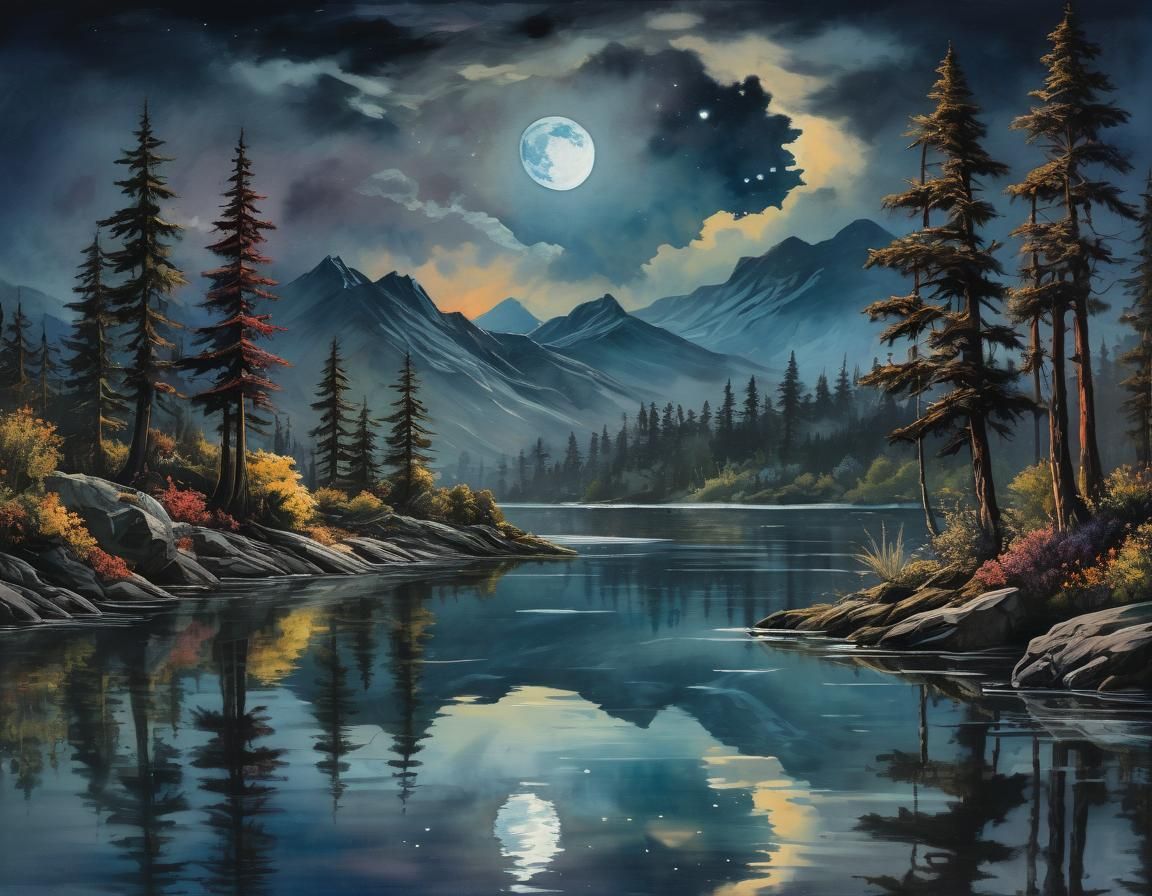 Moonlit Lake: Chiaroscuro Watercolor Impressionism