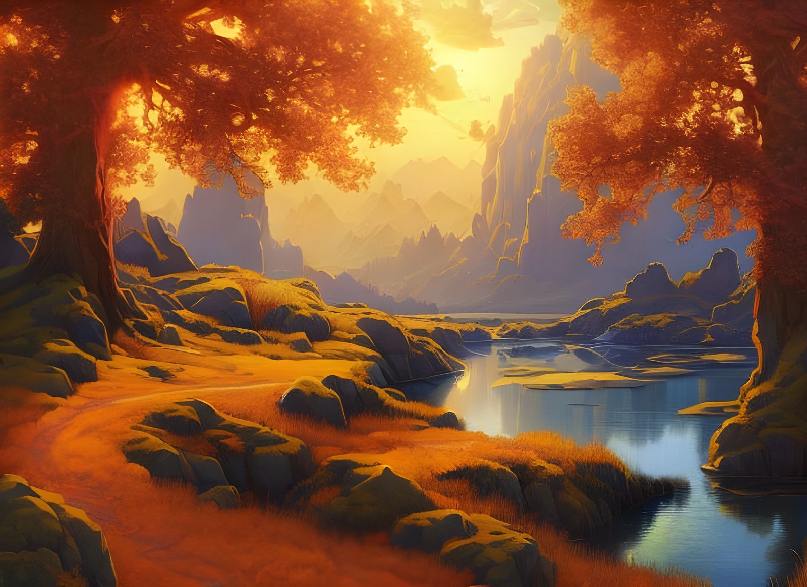 Golden Sunlight on a Symmetrical Forest Landscape