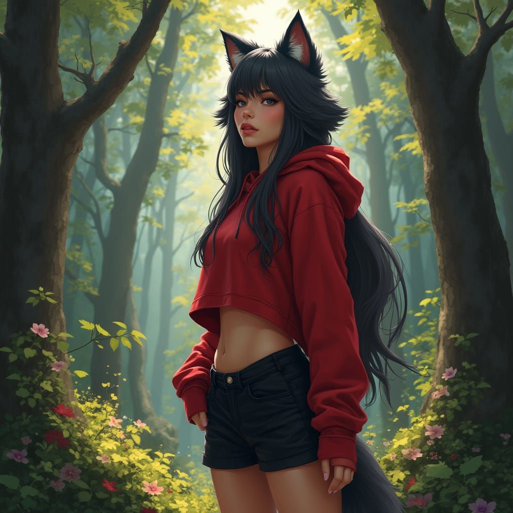 Wolf Girl Posing in Mystical Forest