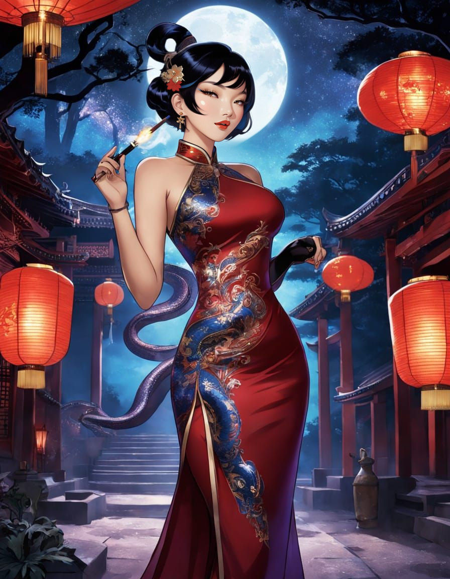 Elegant Asian Goddess in Red Vietnamese Dress with Celestial...