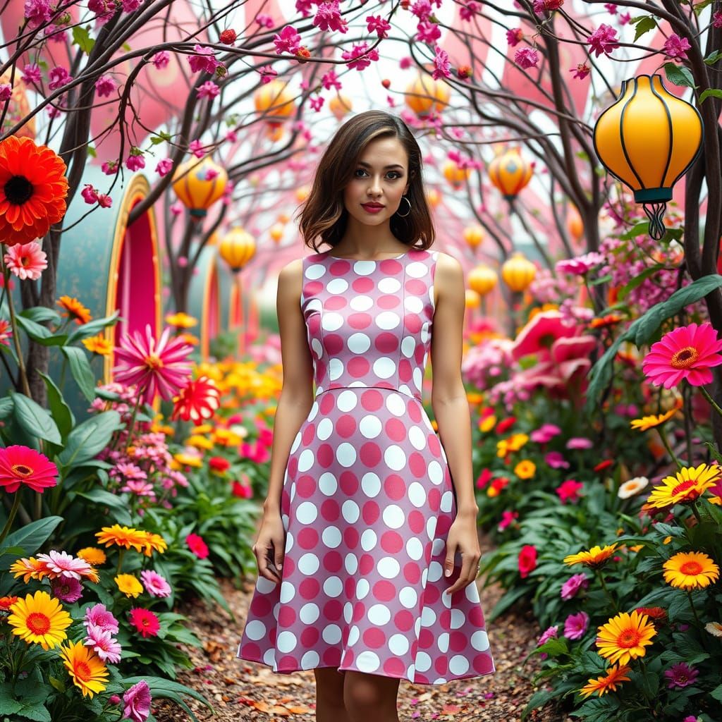 Woman in Polka Dots in a Whimsical Garden