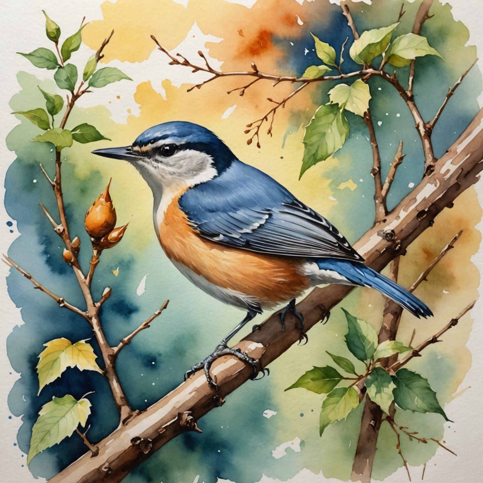 Delicate Watercolor Nuthatch in Vibrant Colors