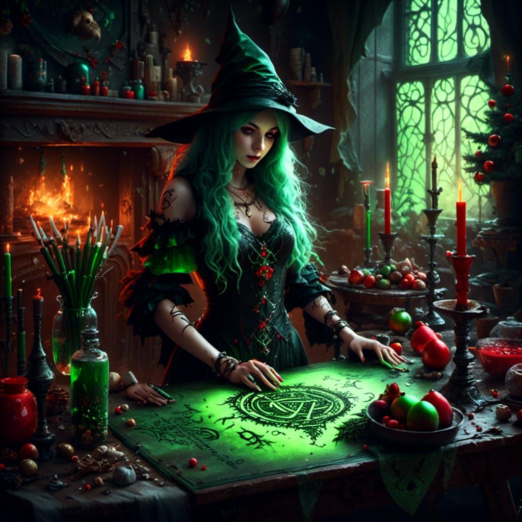 Christmas Witch with Glowing Runes by Alchemy Table