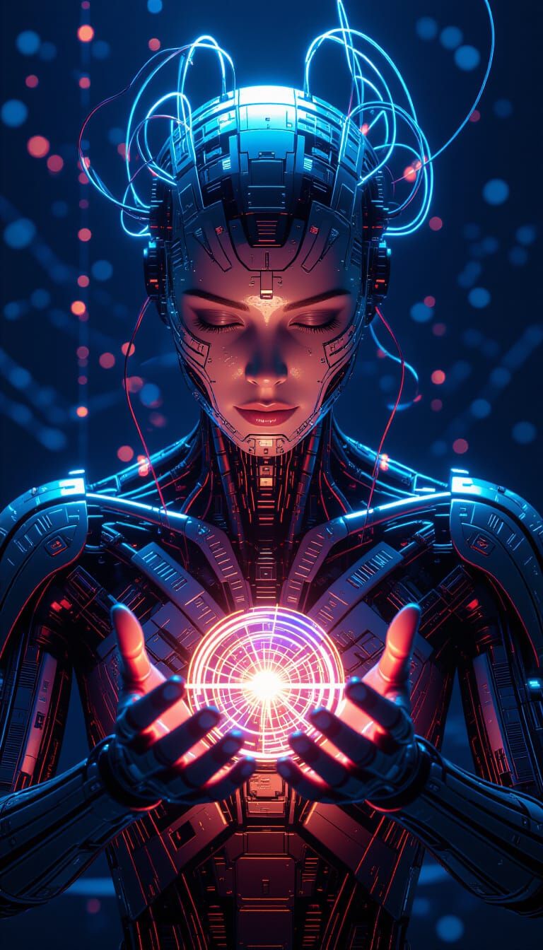 Futuristic Metallic Being Shaping Energy Waves