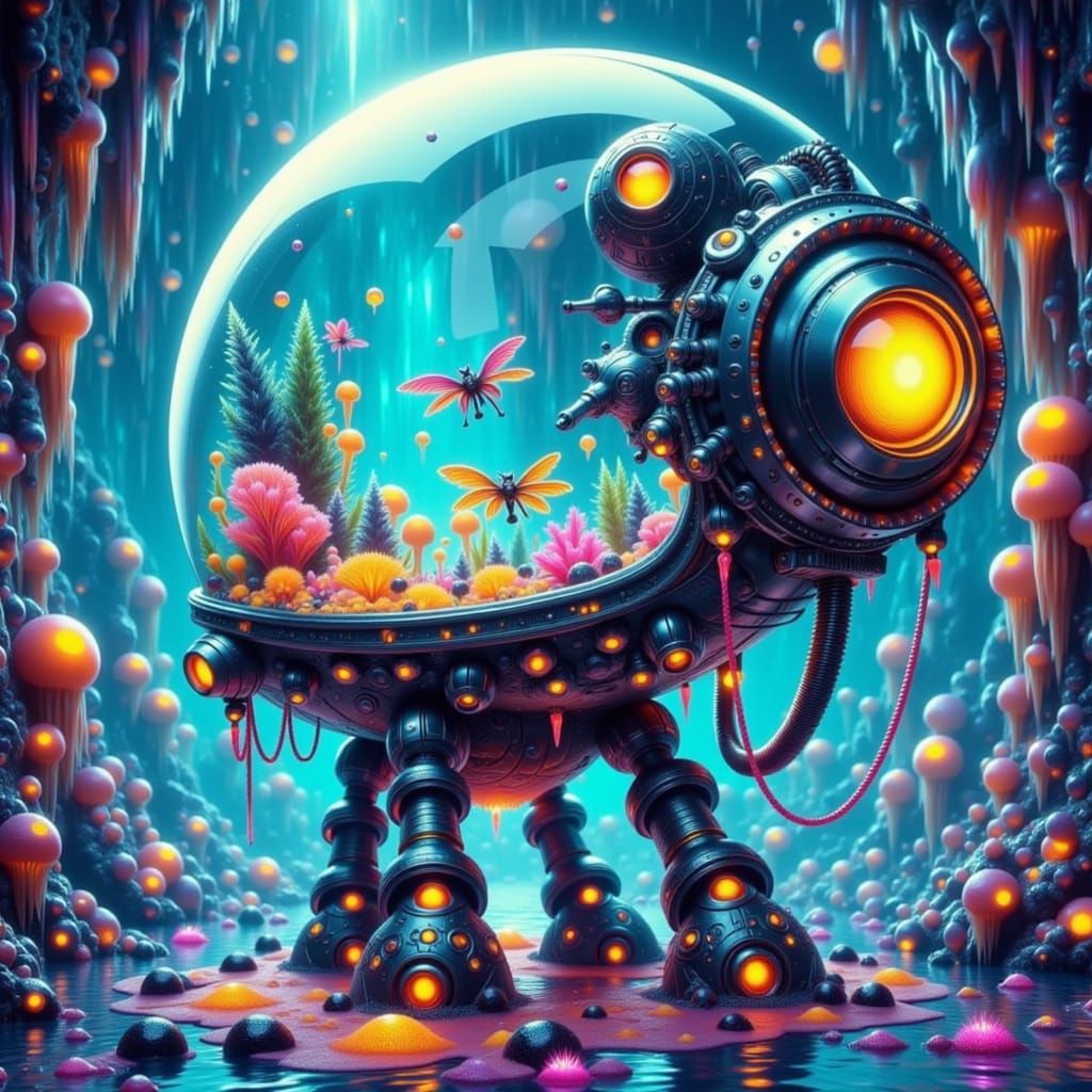 Futuristic Robot with Miniature Ocean Ecosystem in Glass Hea...