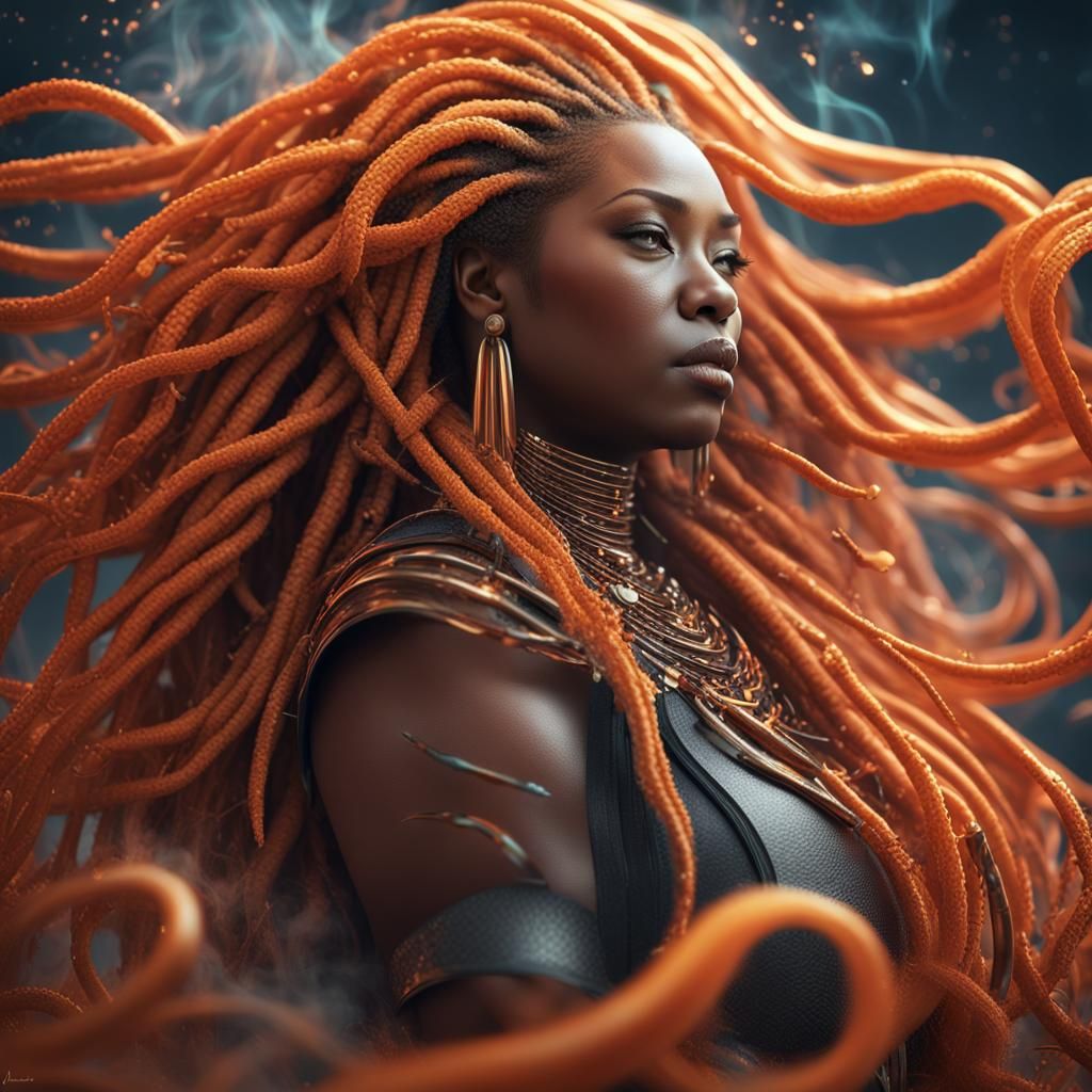 Afrofuturistic Goddess with Orange Locs, Detailed 3D Render