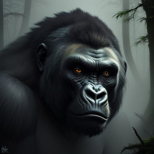 Mystical Gorilla in Ancient Ruins: Expressionist Oil Paintin...