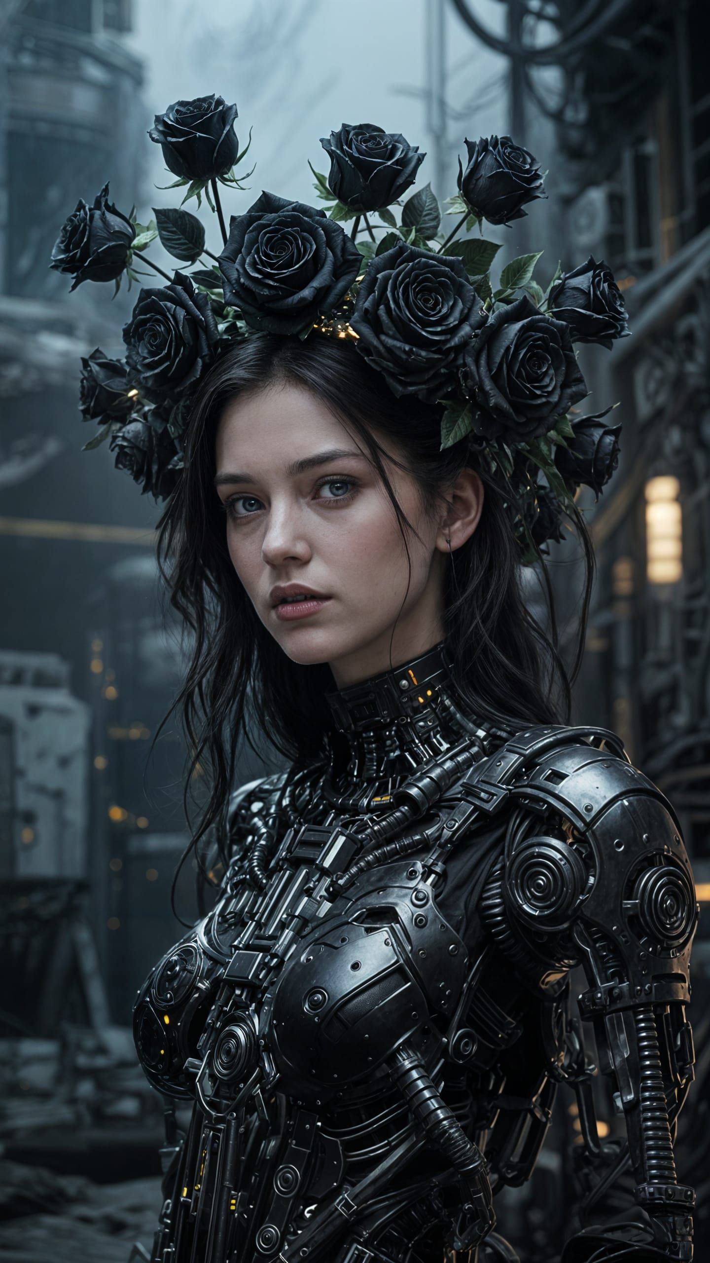 Android Woman with Roses in Salvagepunk Style
