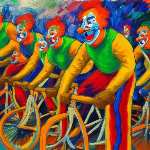 hd circus clowns on bikes, clown juggling bowling pins ultra detailed intricate details orange, yellow green neo-impress...