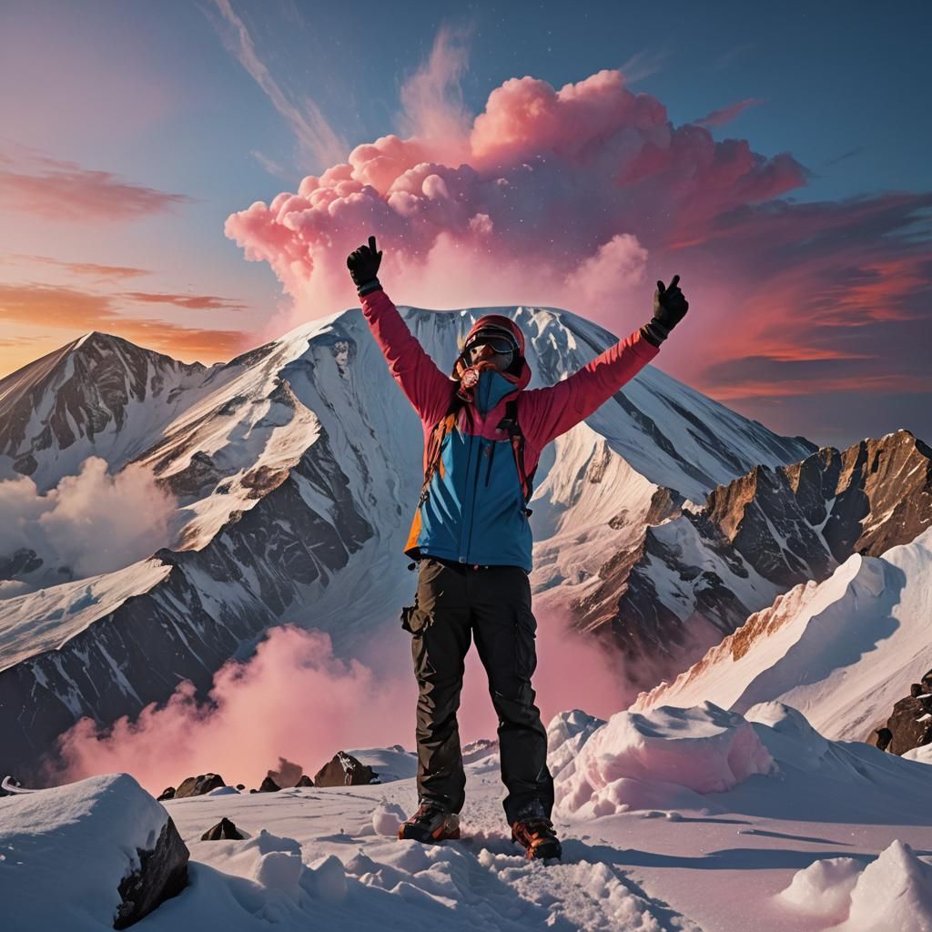 Victorious Climber on Kilimanjaro in Hyperrealistic Splash A...