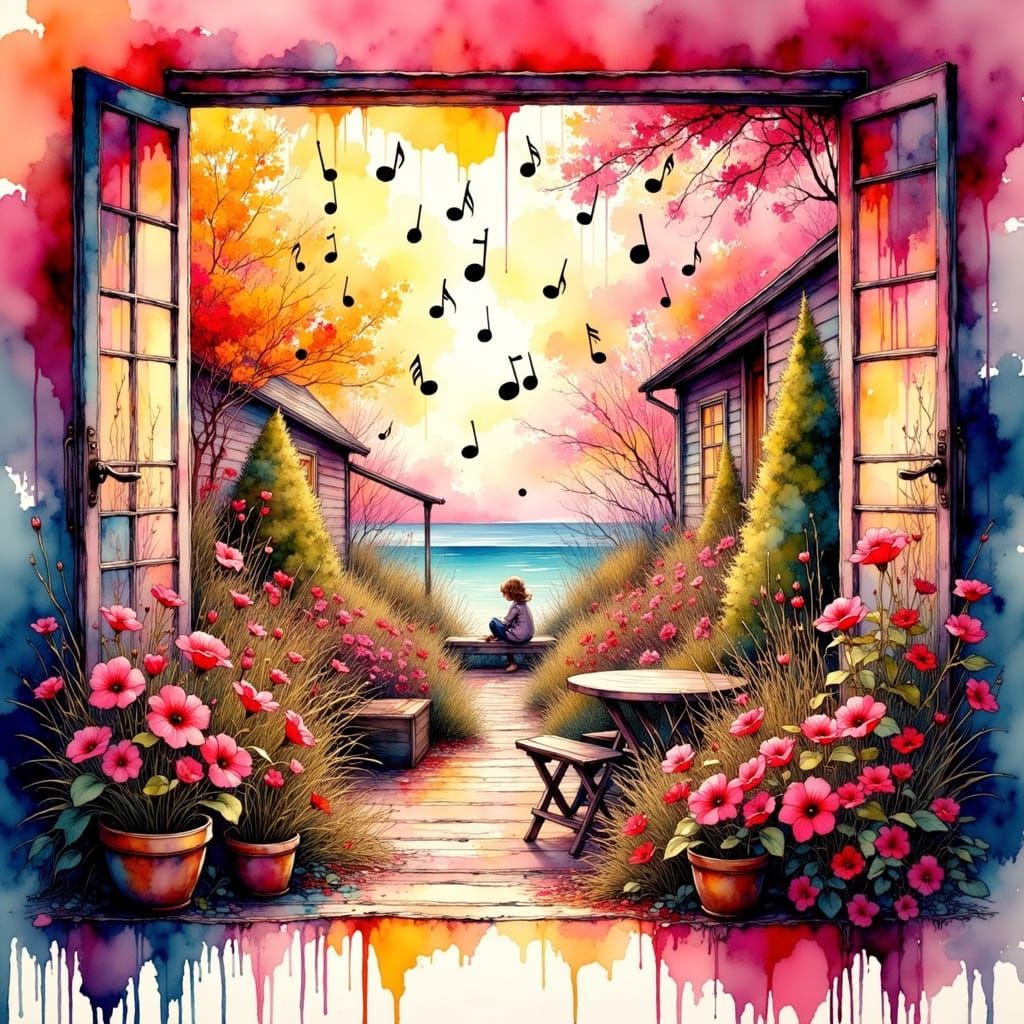 Vibrant Summer Bungalow Scene in Dreamy, Impressionistic Sty...