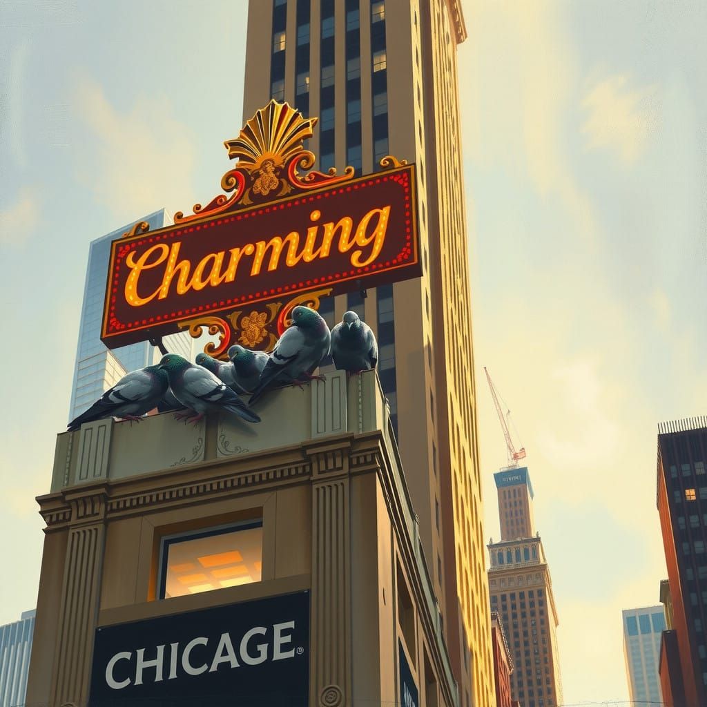 Golden Sign with Iridescent Pigeons in Downtown Chicago