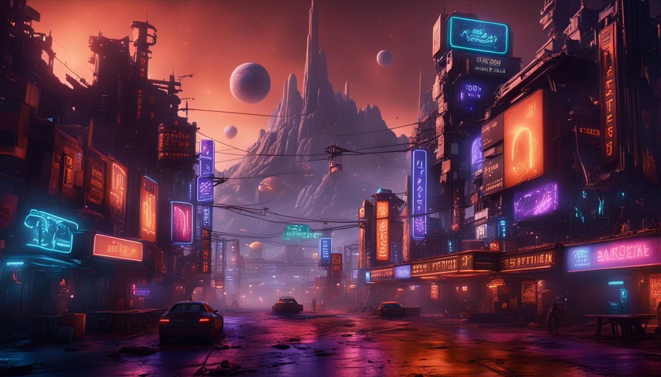 Martian Neon Cityscape at Night: Digital Art