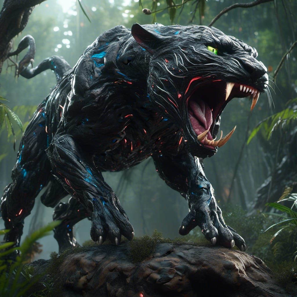 Giant Panther Leaping From Tree in Oil Painting Style