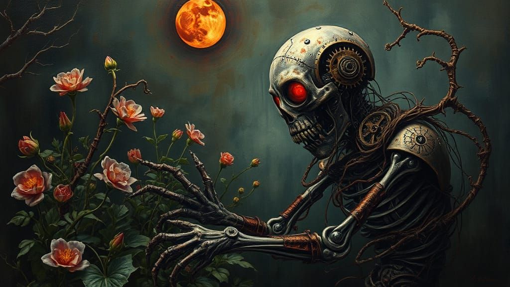 Clockwork Zombie Garden: Surreal Oil Painting