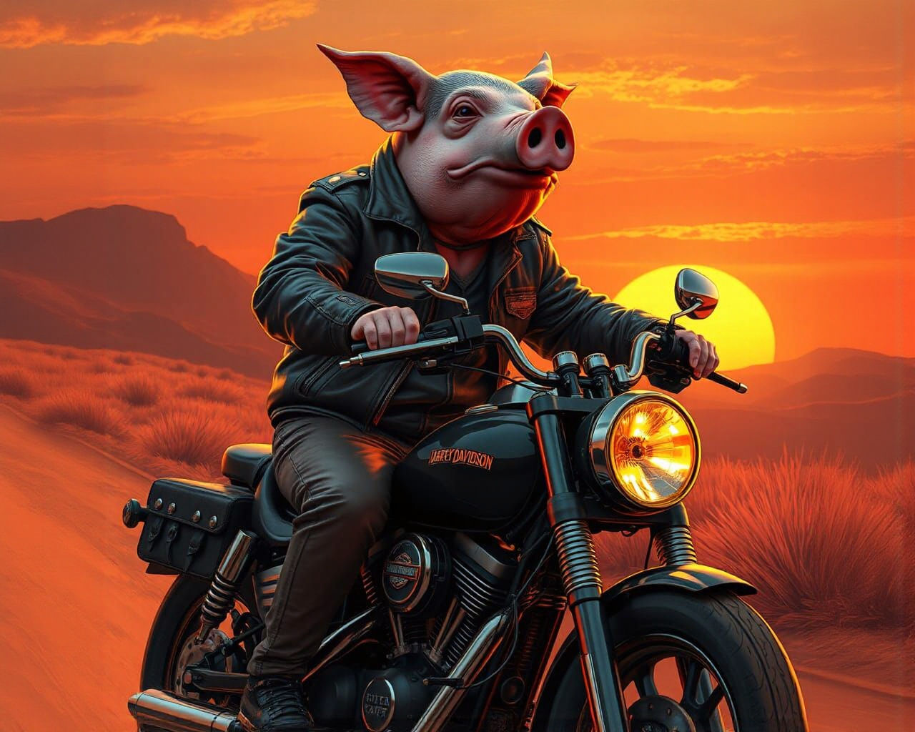 Pig-Headed Biker Rides Into Sunset: Romantic Concept Art
