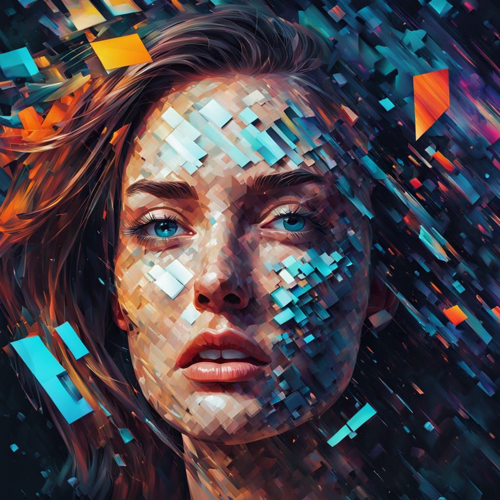 Glitch Art Portrait: Shattered Pixelated Woman