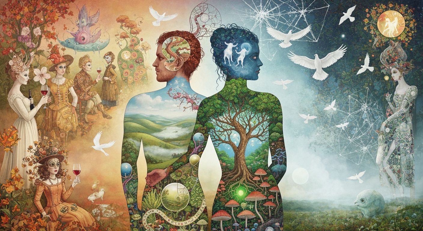 Surreal Garden Party in Style of Bosch and Klimt