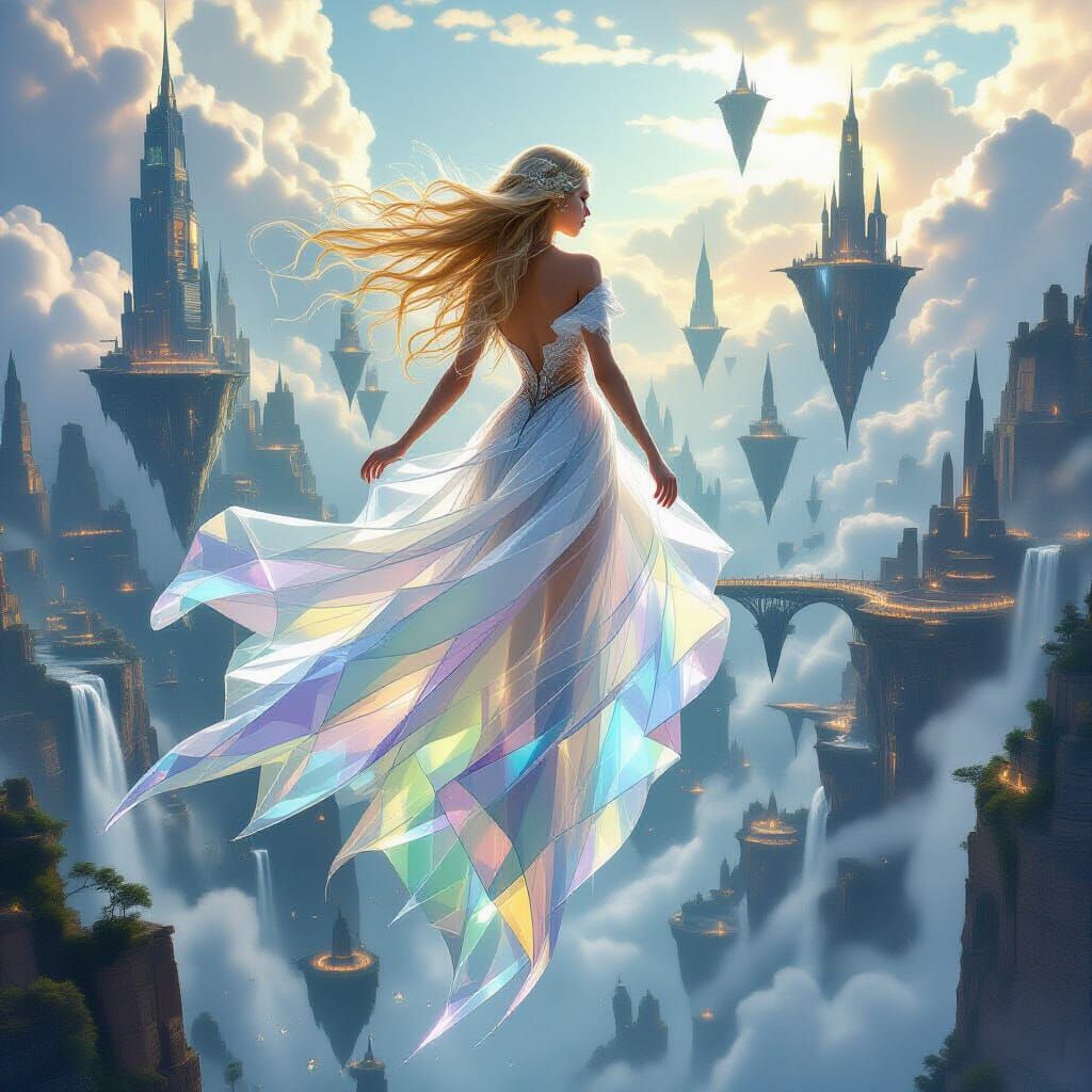 Surreal Floating Woman Above Shattered City