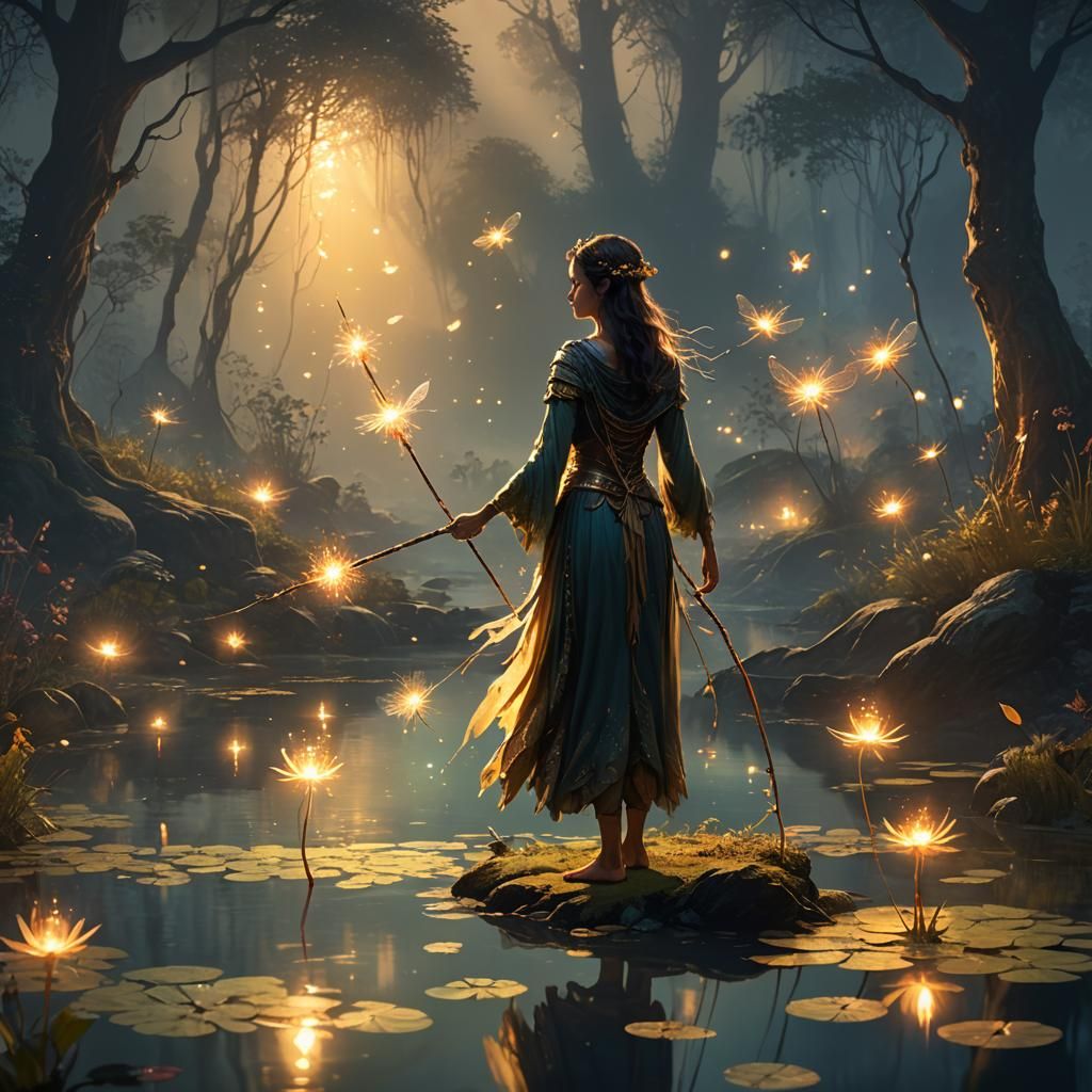 Mystical Woman at Enchanted Pond: Fantasy Illustration
