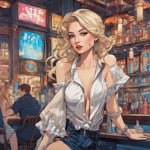 Beautiful Blonde in Bar: Splash Art Portrait