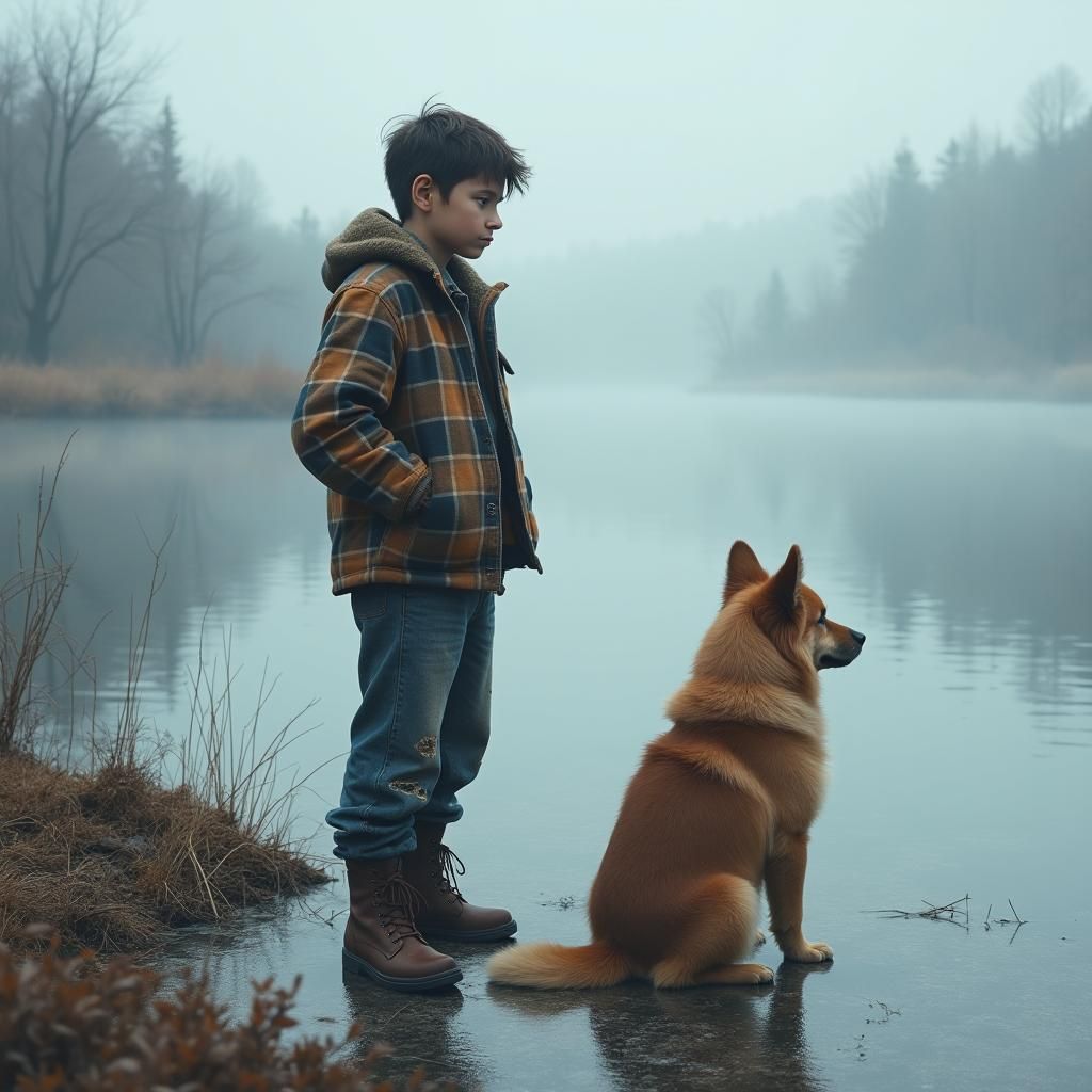 Melancholic Boy at Lake's Edge: Matte Painting