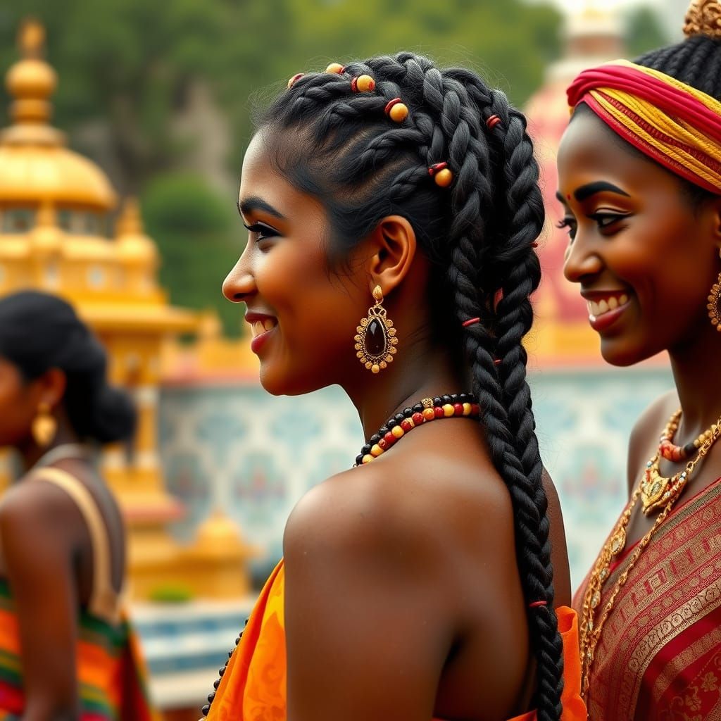 Intricate Braided Hairstyle with Indian Temple Backdrop