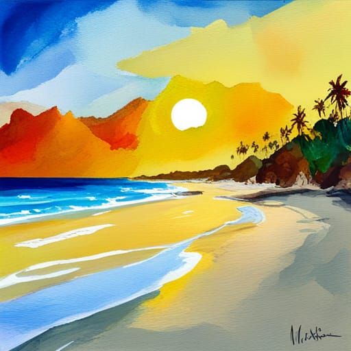 Cape Verde Beach in Gouache and Watercolor Style