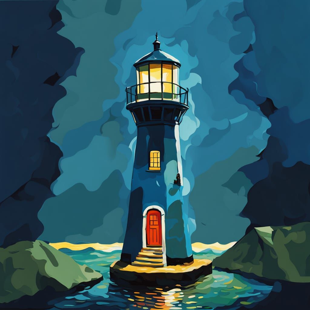 Expressive Lighthouse in a Bottle Oil Painting